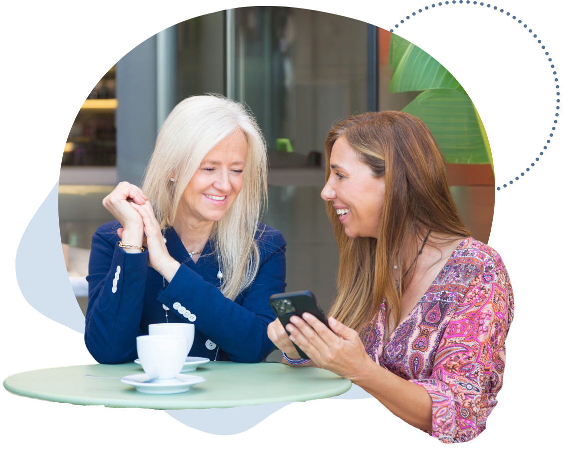 A graphic of 2 women talking