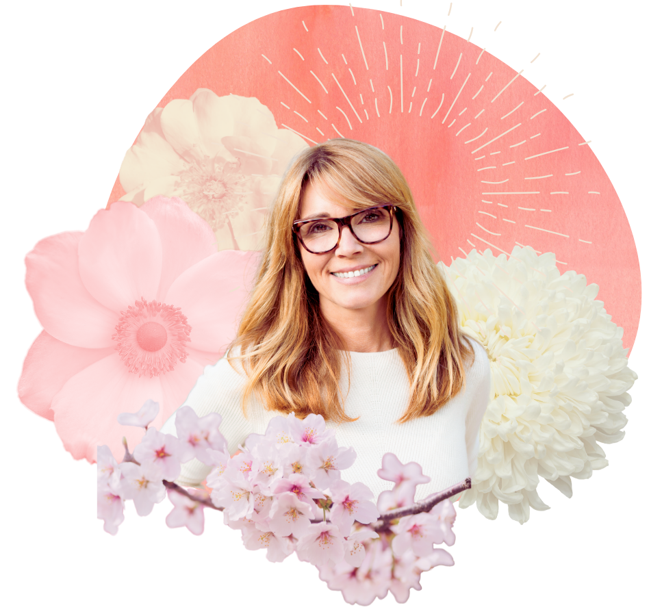 A graphic of a middle aged woman surrounded by flowers