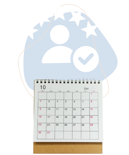 Graphic of a calendar and an icon of a person with 5 stars and a checkmark