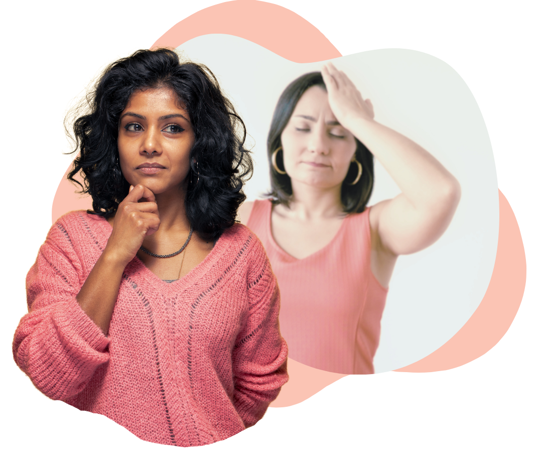 A graphic of a young skeptical woman with her frustrated mother in the background