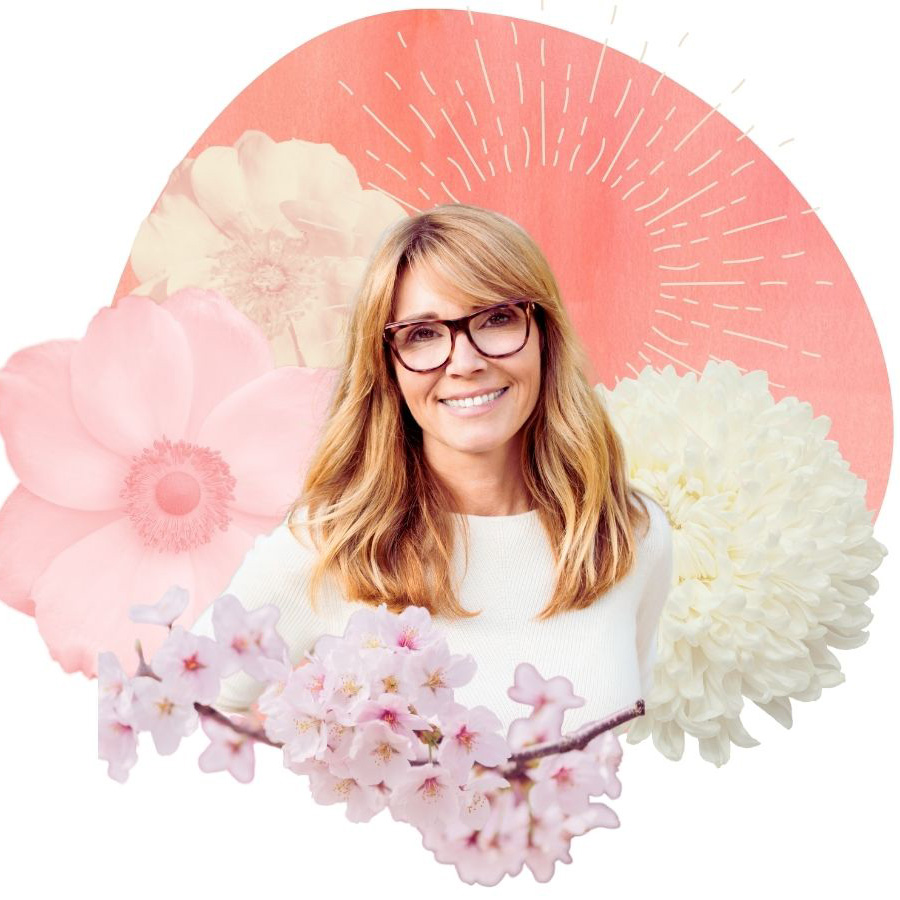 A graphic of a smiling woman surrounded by flowers