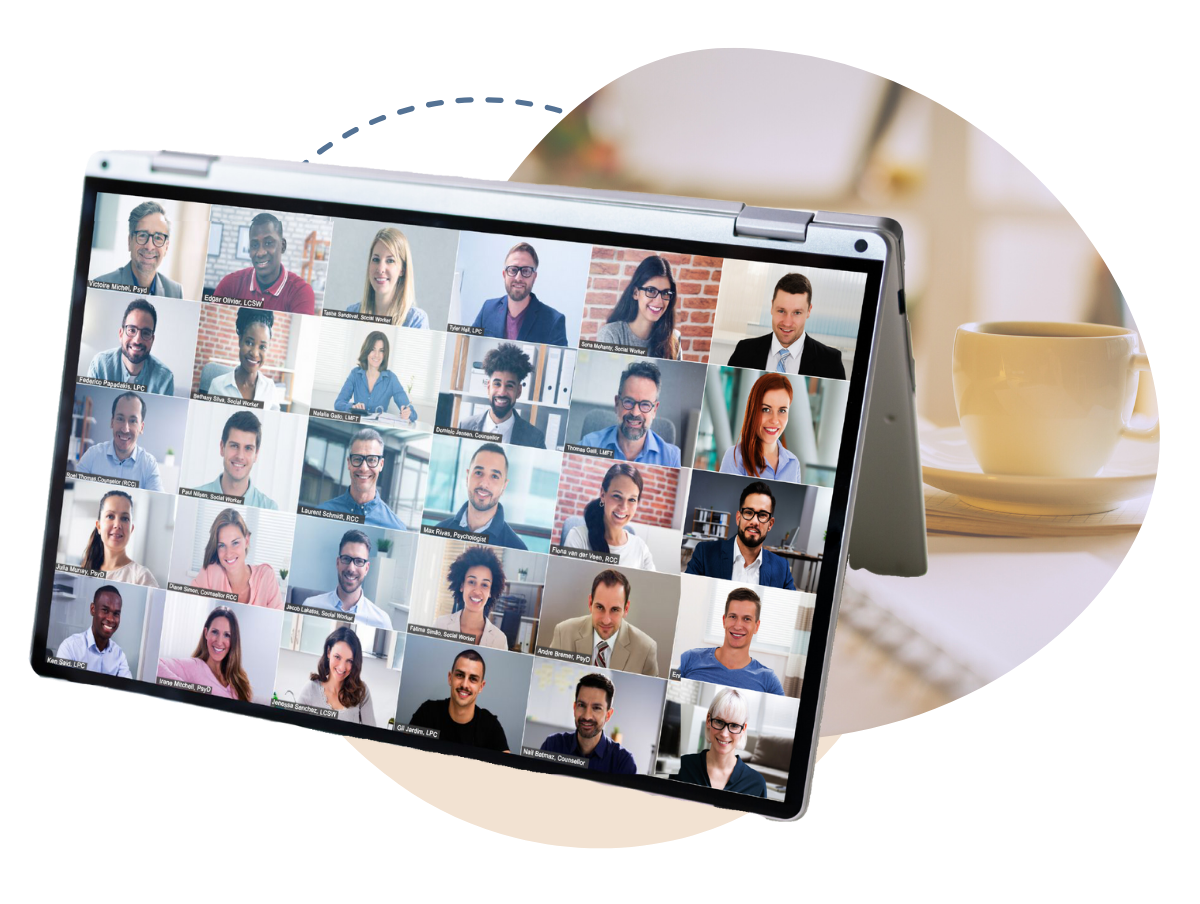 A tablet computer with a video call filled with social workers and clinicians