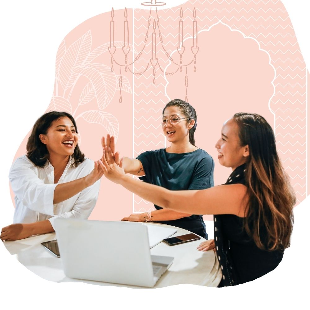 A graphic with 3 South Asian women high-fiving
