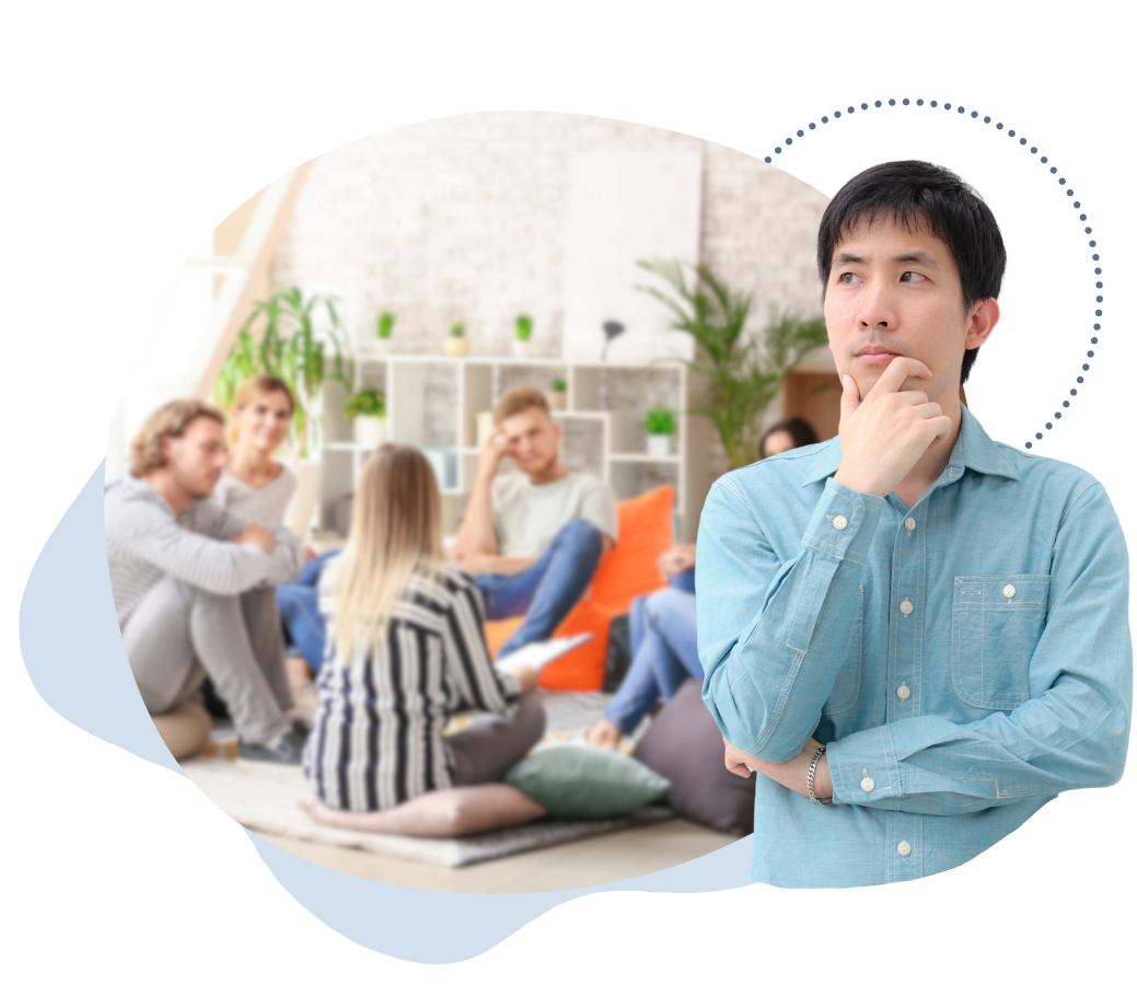 Graphic of a young man thinking about the group in the background
