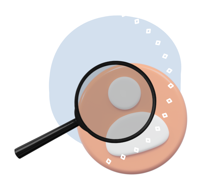 Graphic of a magnifying glass and a pin with a person's icon