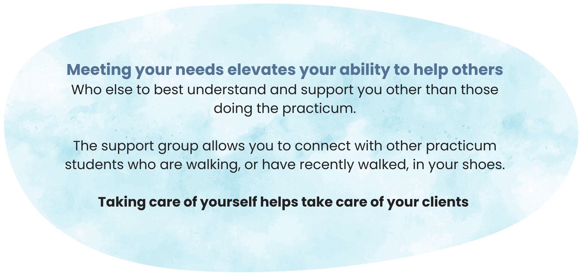 Meeting your needs elevates your ability to help others Who else to best understand and support you other than those doing the practicum.  The support group allows you to connect with other practicum students who are walking, or have recently walked, in your shoes.  Taking care of yourself helps take care of your clients 