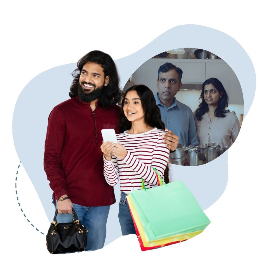 A graphic of a young couple on a date with upset parents in the background