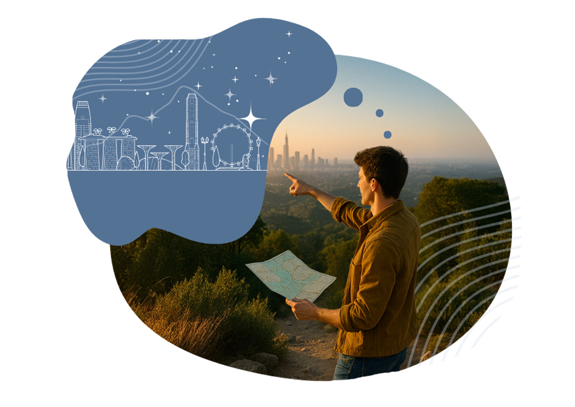 A graphic of a young man dreaming of going towards a city